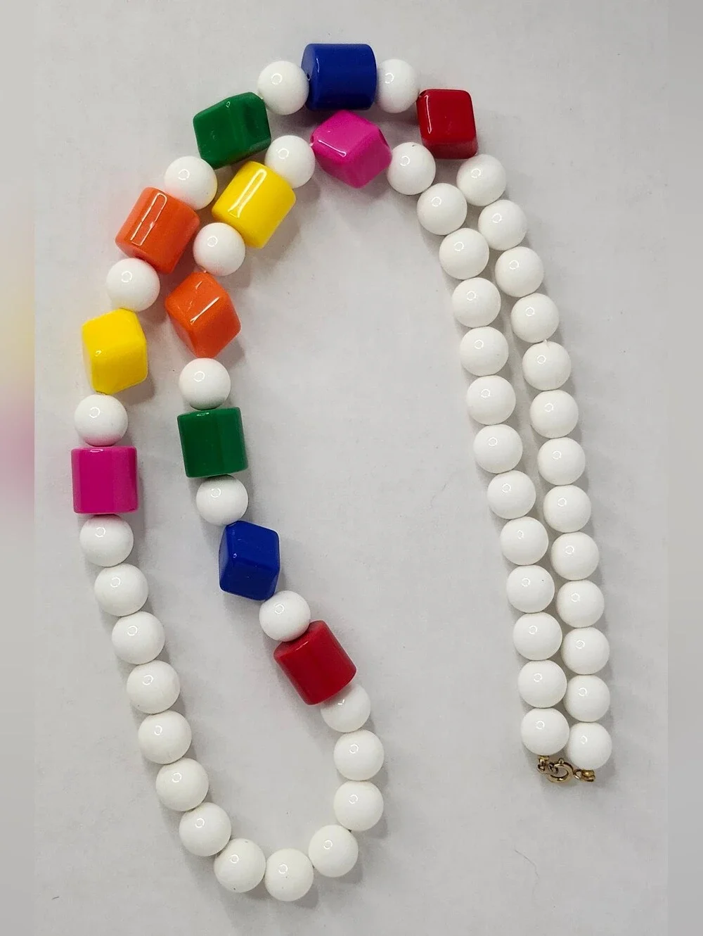 Chunky Beaded Necklace with White & Multicolor Beads 1980s 1990s